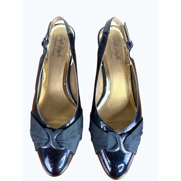 Soft Style Womens Black Patent Slingback Heels With Bow Detail Low Heel Size 9 - Picture 1 of 10